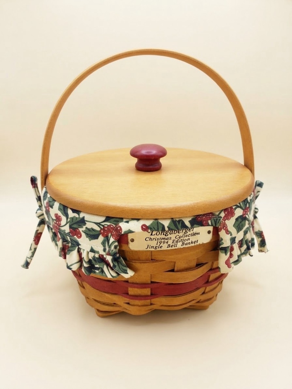 Longaberger 1994 Jingle Bell Basket with Holly Fabric Liner and Red Accent